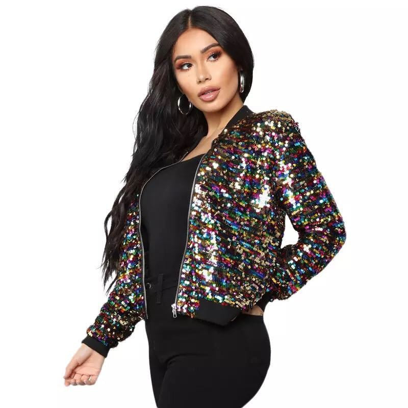 Sequins Zipper Long Sleeve Jacket - threadspired