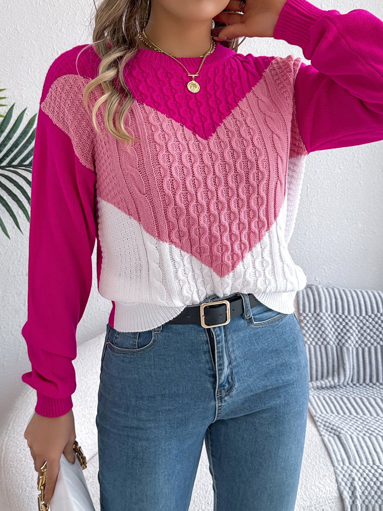 Cable Knit Lantern Sleeve Pullover Sweater