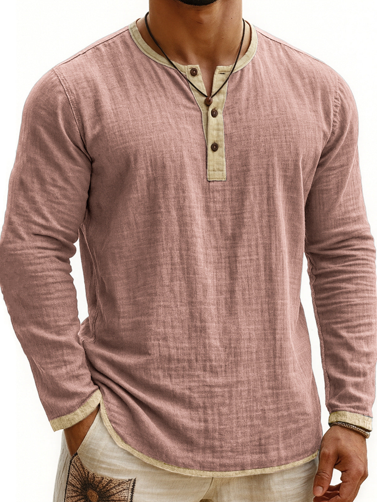 Two-tone Henley 3-button Casual Long Sleeve Top - threadspired
