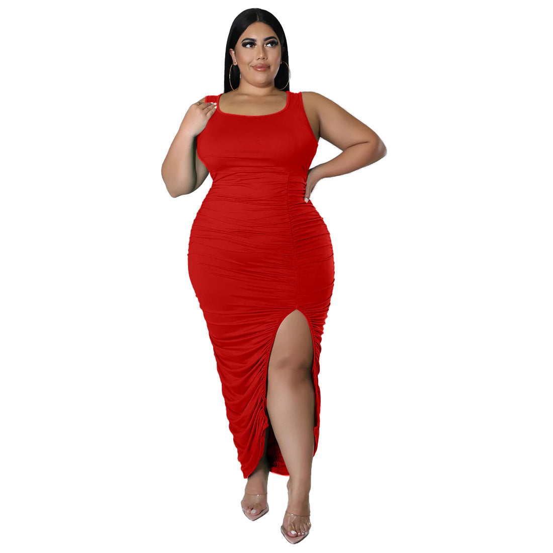 Solid-color Sleeveless Slim-fit Pleated Dress - threadspired