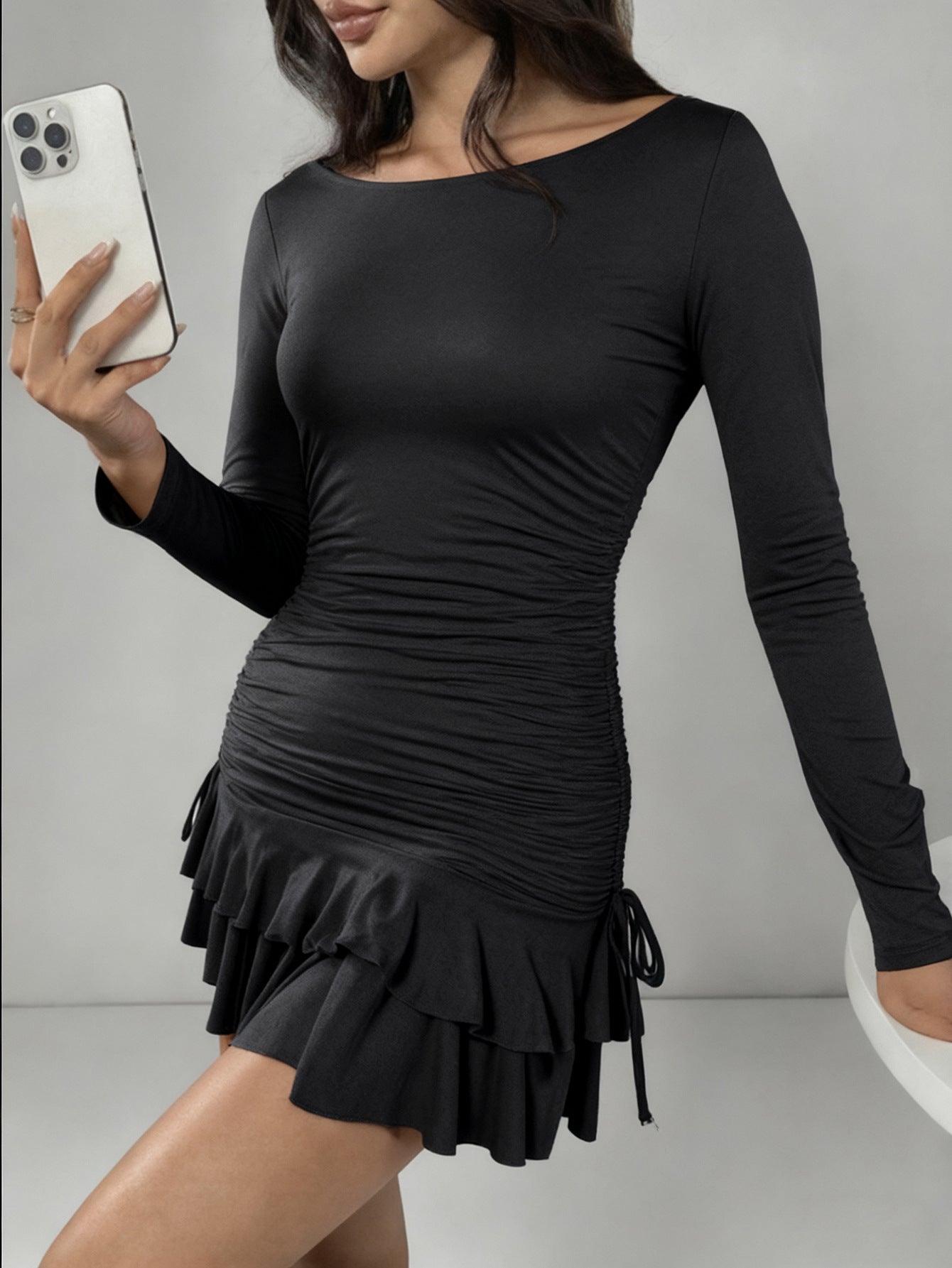 Solid-Color Long-Sleeve Drawstring Short Dress - threadspired