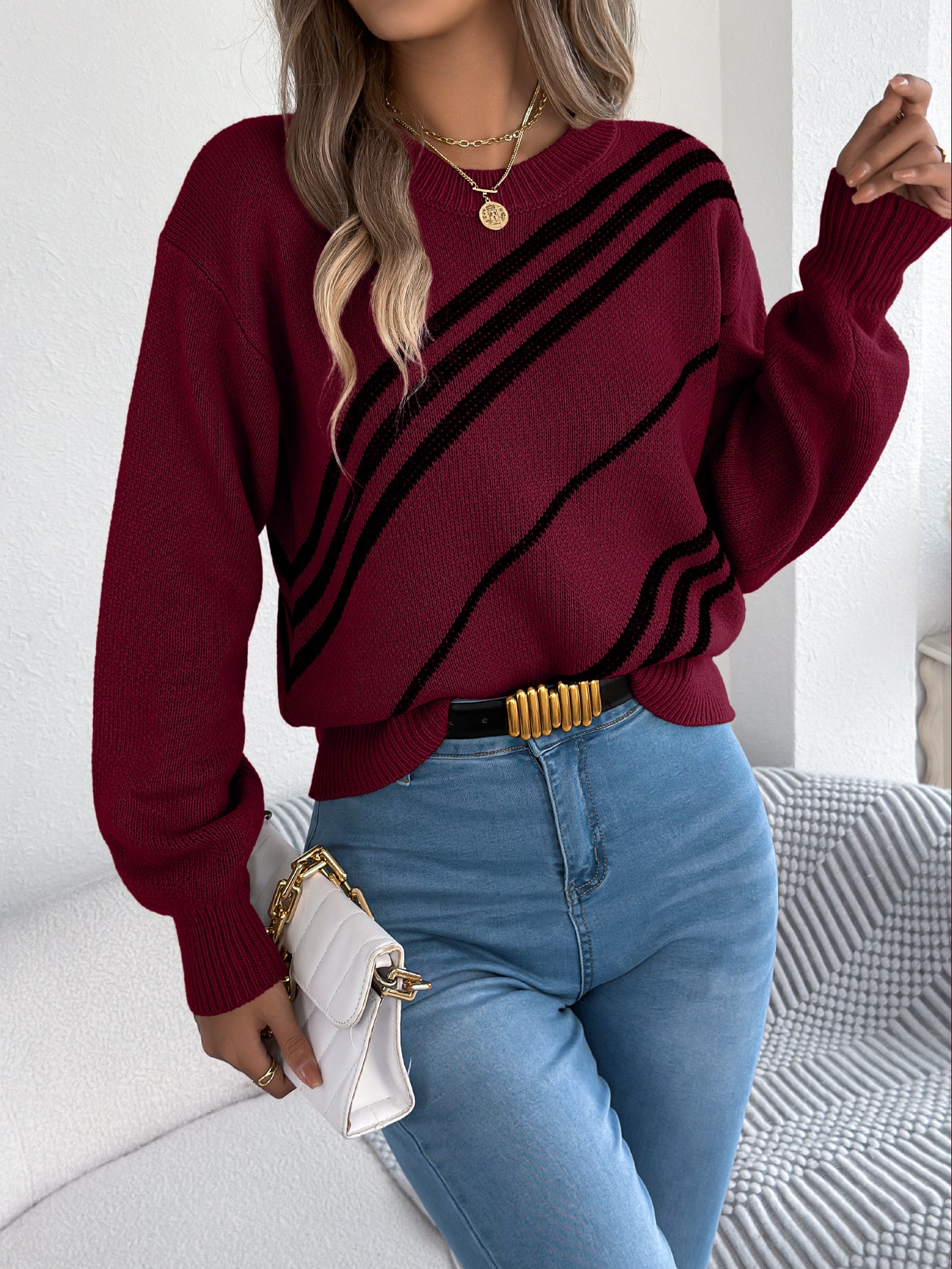 Striped Round Neck Long Sleeve Pullover Sweater - threadspired