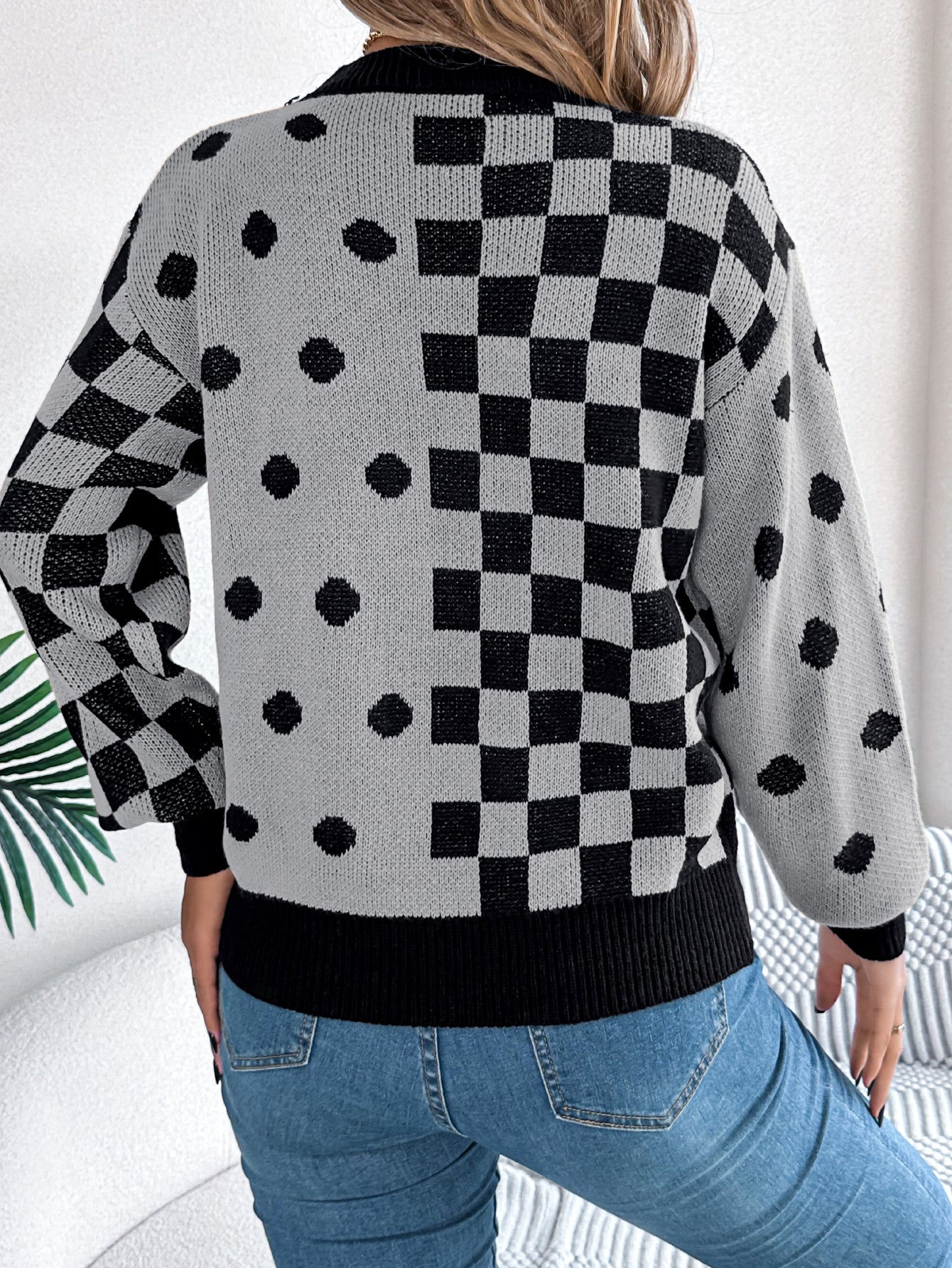 Polka Dot Plaid Lantern Sleeve Pullover Sweater
