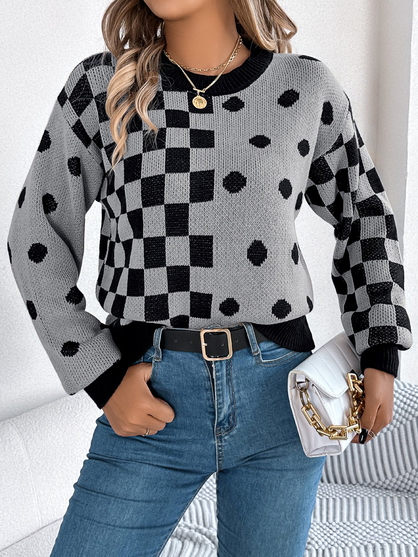 Polka Dot Plaid Lantern Sleeve Pullover Sweater