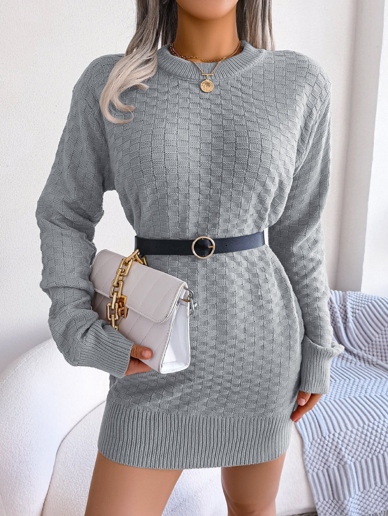 grey mini sweater dress Grey Cowl Neck Sweater Dress