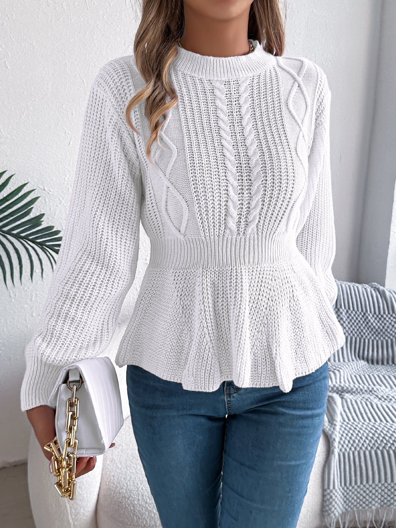 Cable Knit Cinched Waist Ruffled Long Sleeve Pullover Sweater