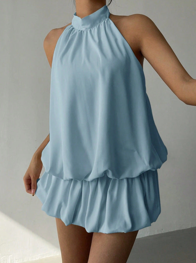 Solid Color Halter Neck Off-Shoulder Dress