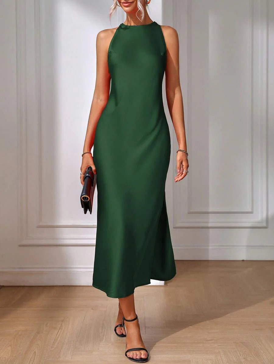 Sleeveless Long Satin Dress - threadspired