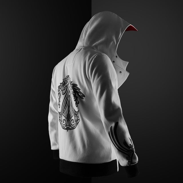 Hooded assassin-style jacket with a high collar, a zipper, and graphic emblem details on the hood and back. 