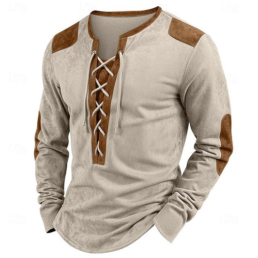 Men’s beige long sleeve lace up Henley shirt with brown contrast shoulder and elbow patches. 