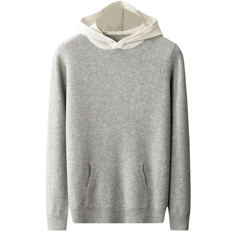 Men’s light grey knit hoodie sweater with contrasting white hood and front pocket. 