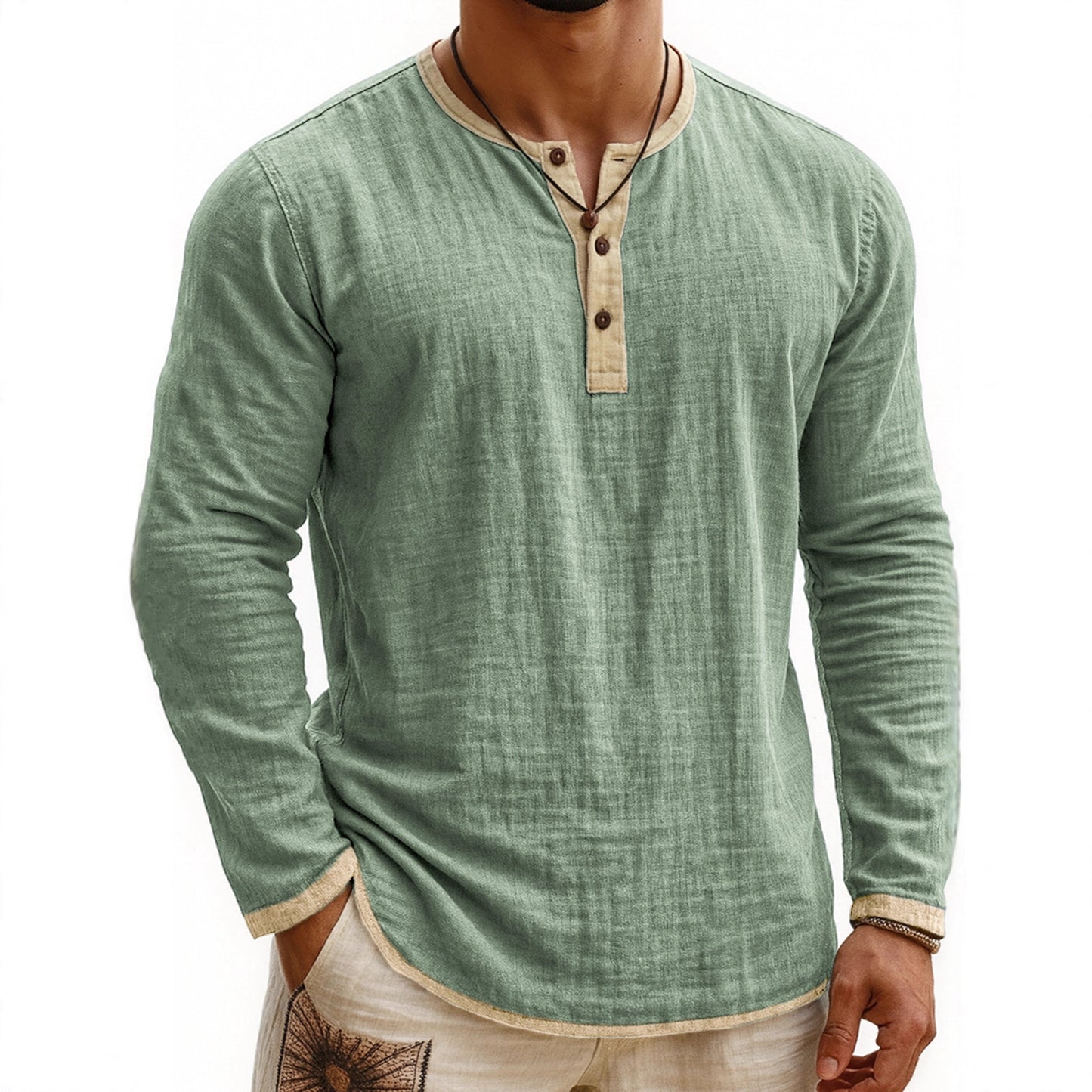 Two-tone Henley 3-button Casual Long Sleeve Top - threadspired