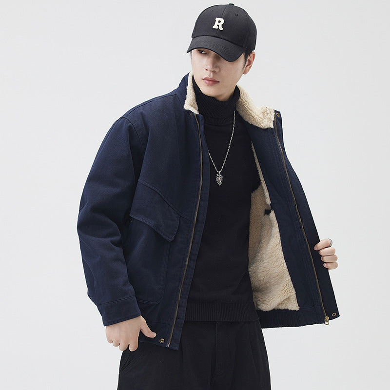 Man wearing a khaki fleece-lined cotton winter jacket with fleece collar, side pockets and baseball cap.