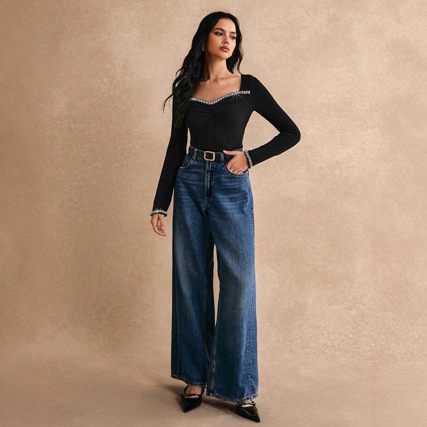 Rhinestone Embellished Slim-fit Long-sleeve Top - threadspired