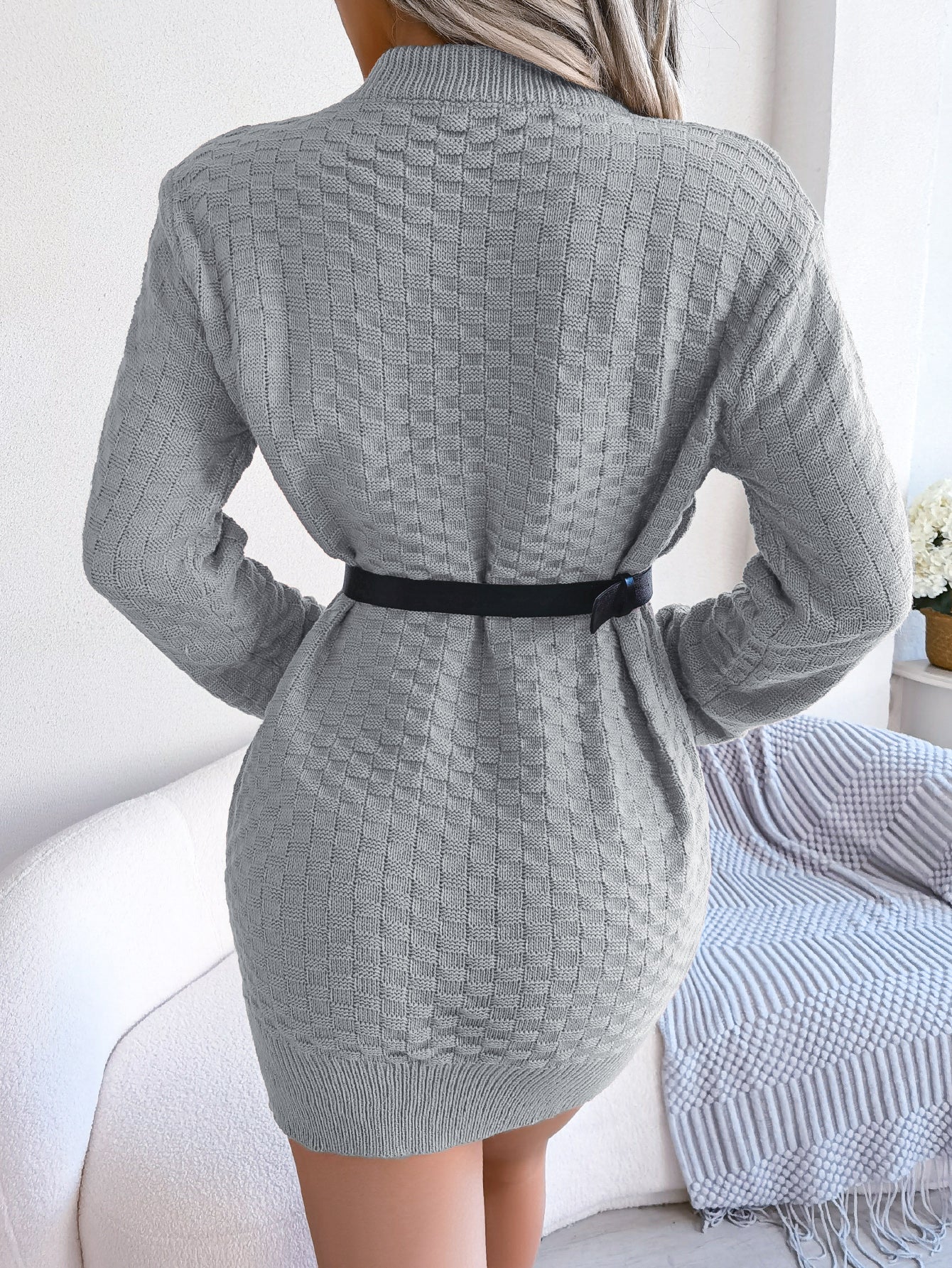Plaid Long Sleeve Knitted Slip Sweater - threadspired