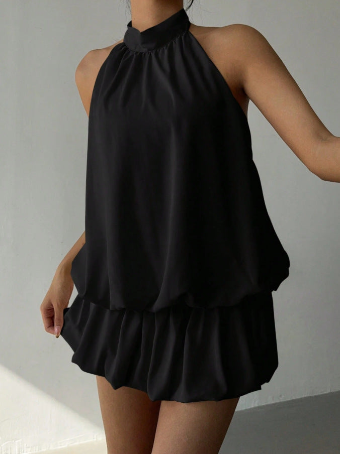 Solid Color Halter Neck Off-Shoulder Dress