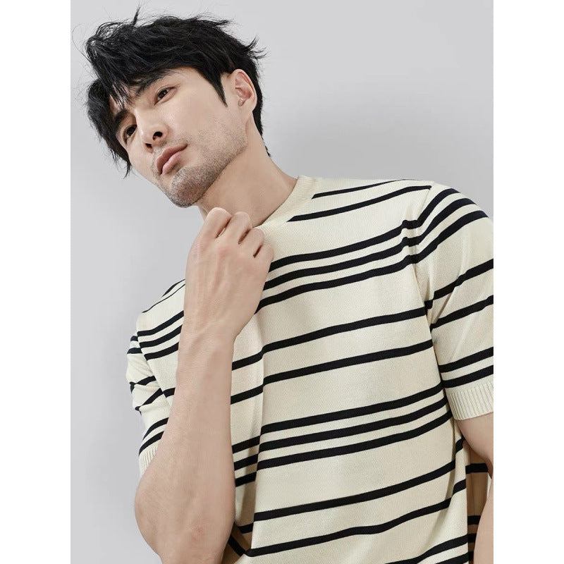 Knitted Short Sleeve with Black And White Stripes - threadspired