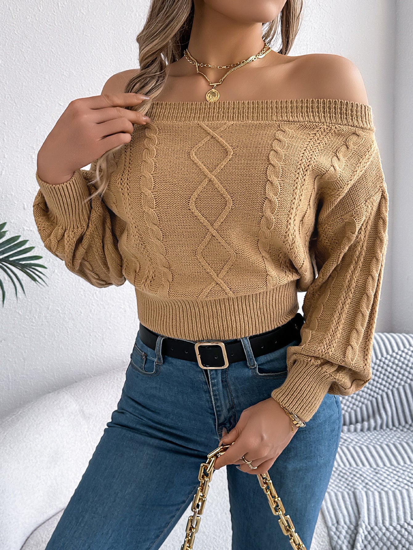 Off-Shoulder V-Neck Long Sleeve Pullover Sweater - threadspired