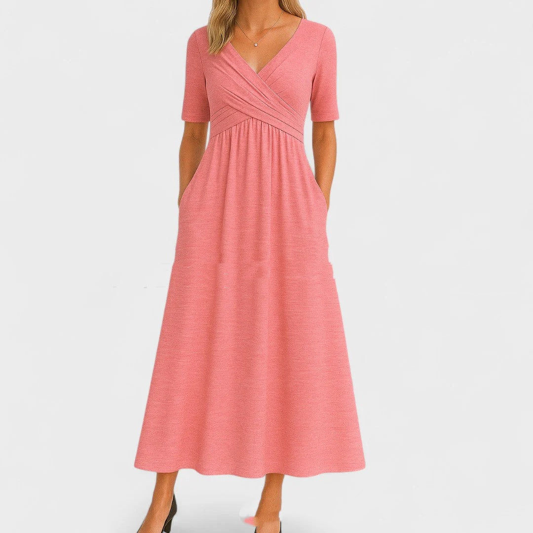 Short Sleeve V-neck Solid Color Dress