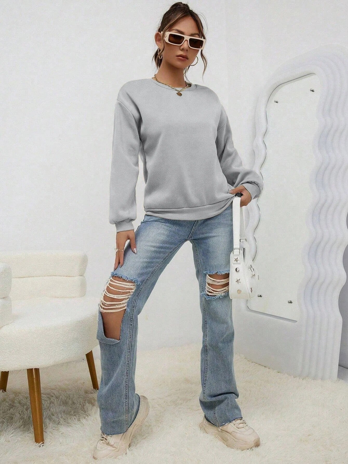 Solid Color Casual Sweatshirt - Loose Fitting - threadspired