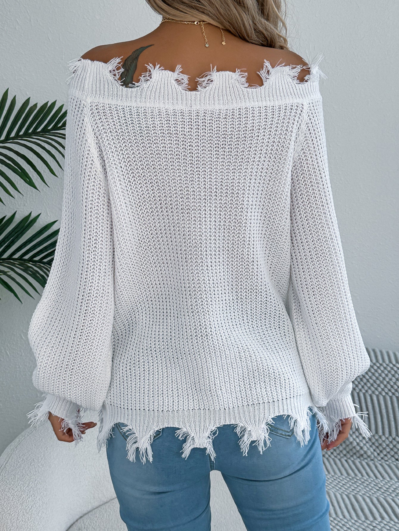 Hollow Out Long Sleeve Distressed Off-Shoulder Pullover Sweater - threadspired