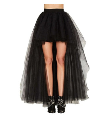 High-waisted black layered tulle skirt featuring short front and long flowing back.
