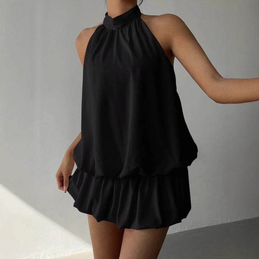 Solid Color Halter Neck Off-Shoulder Dress