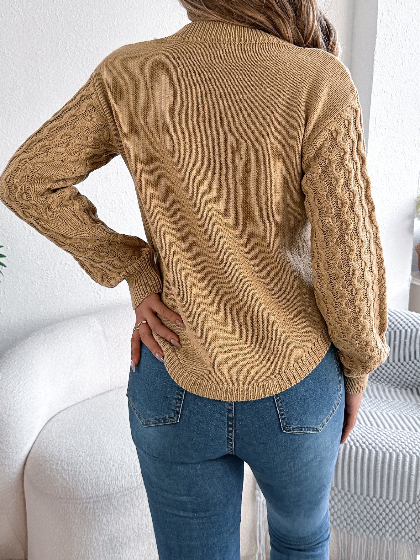 Cable Knit Lantern Sleeve Pullover Sweater - threadspired