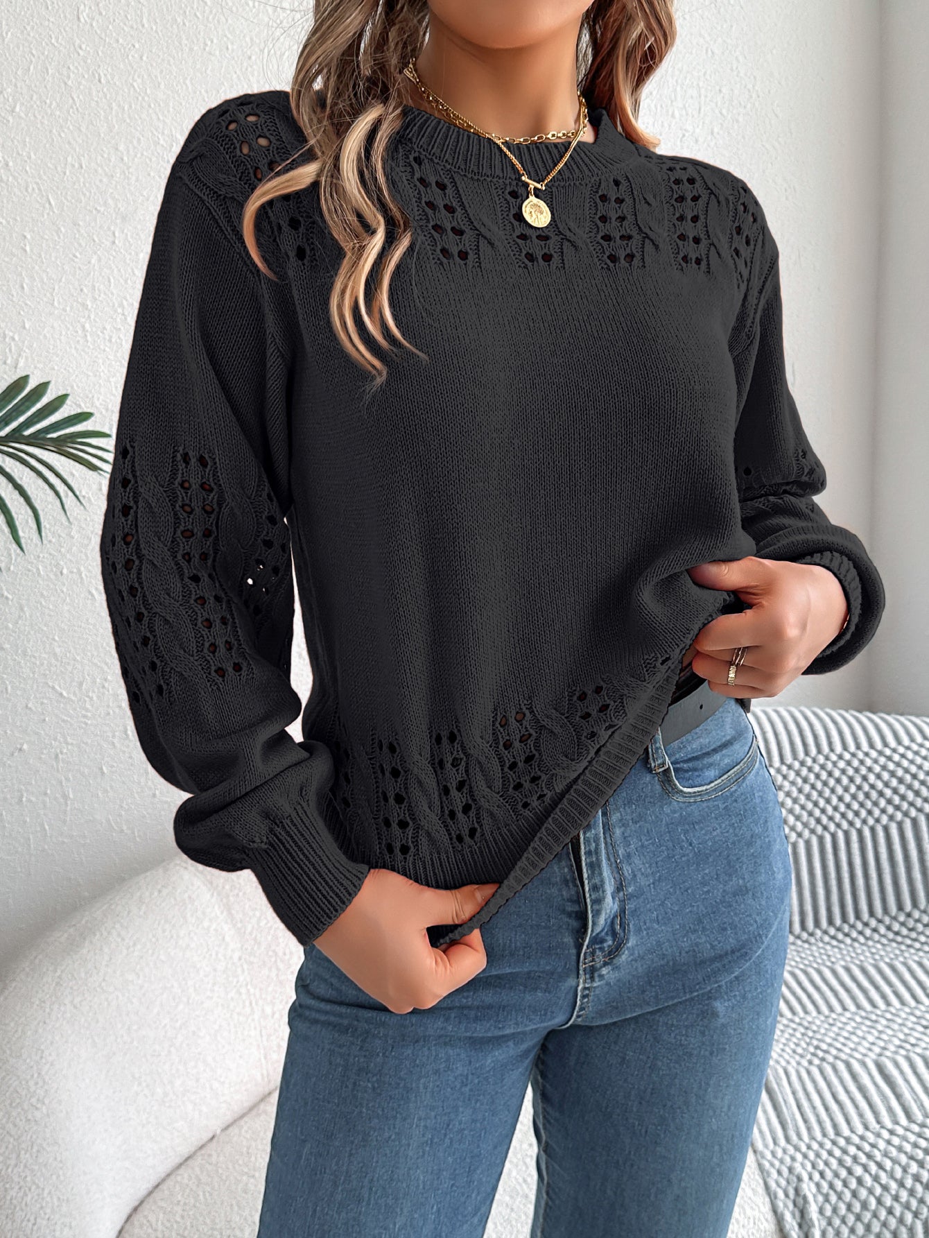 Hollow Out Lantern Sleeve Pullover Sweater