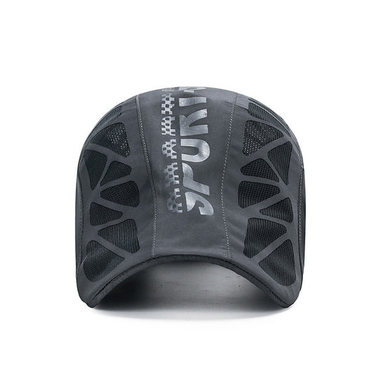 Black sports cycling cap with long curved brim, reflective SPORT lettering, and mesh ventilation panels on 
the top and sides, displayed on white background. 