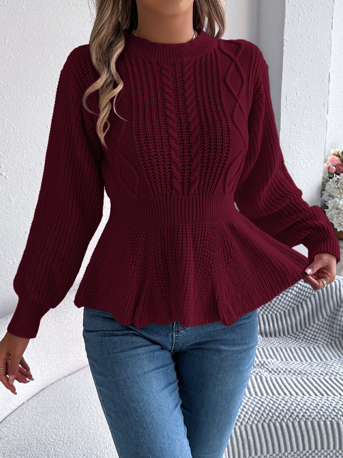 Cable Knit Cinched Waist Ruffled Long Sleeve Pullover Sweater