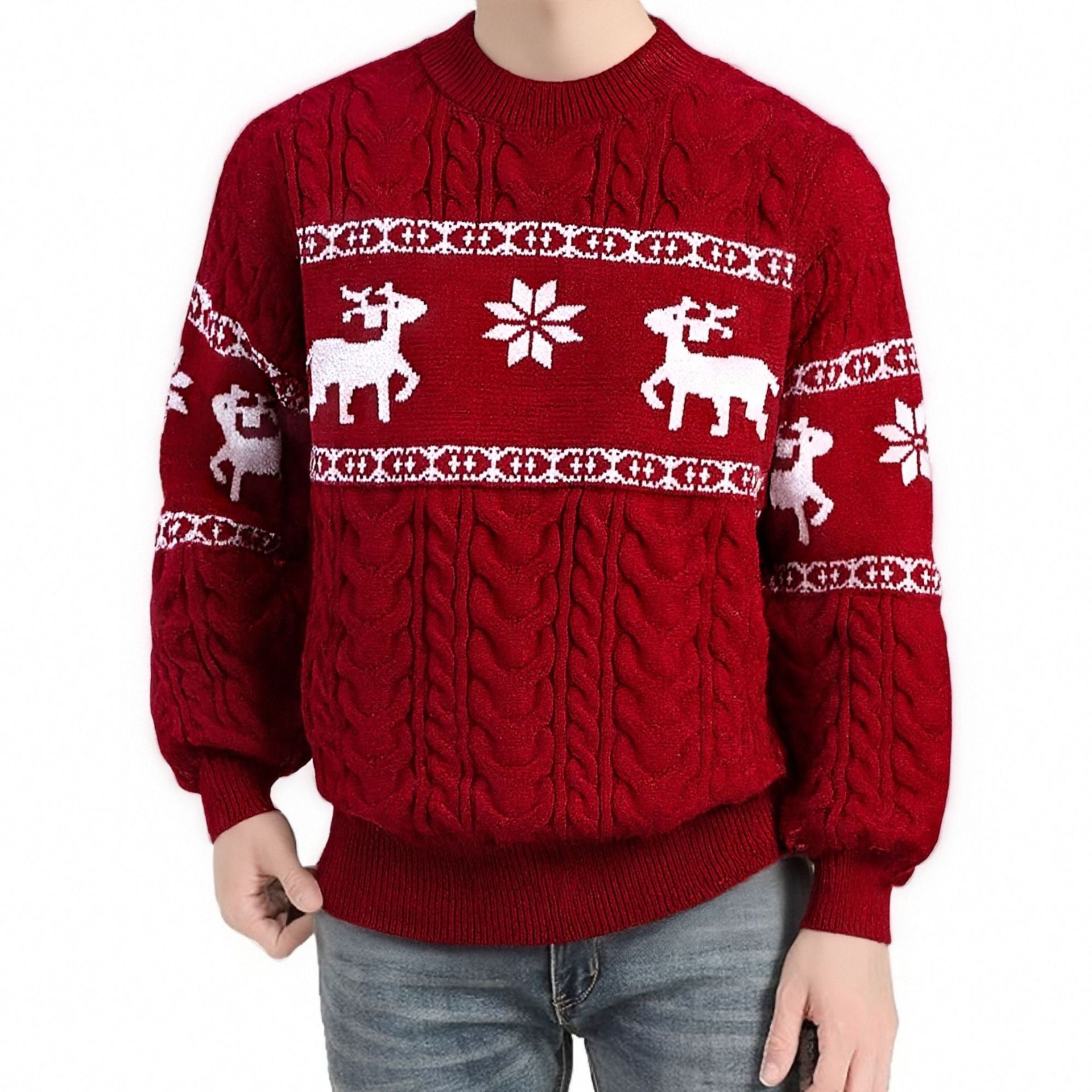 Man wearing black cable knit sweater with white reindeer and snowflake Nordic winter pattern.