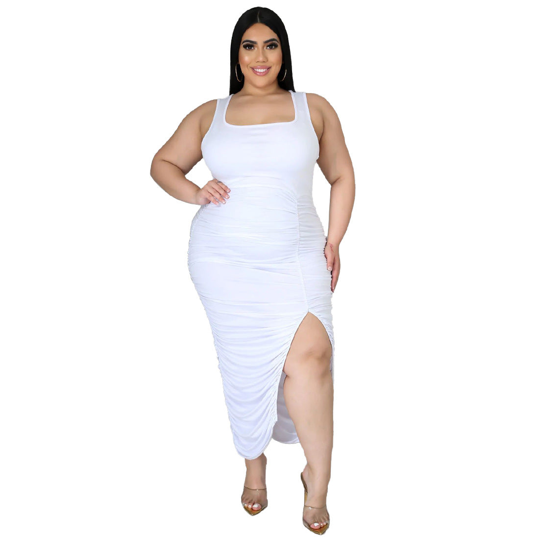 Solid-color Sleeveless Slim-fit Pleated Dress - threadspired