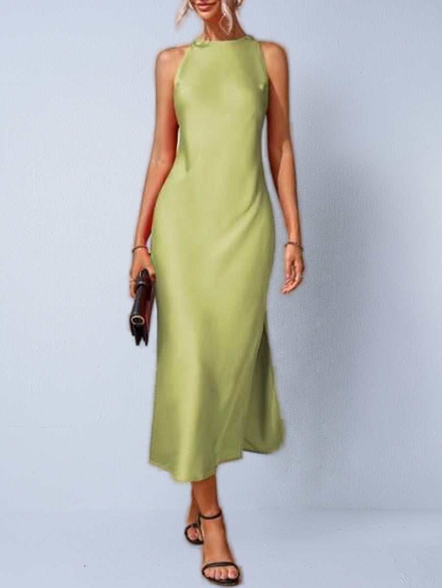 Sleeveless Long Satin Dress - threadspired