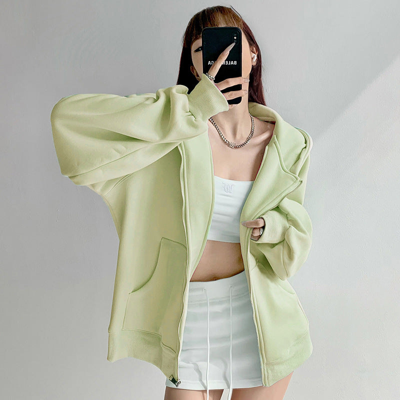Loose-fitting Hooded Cardigan - threadspired