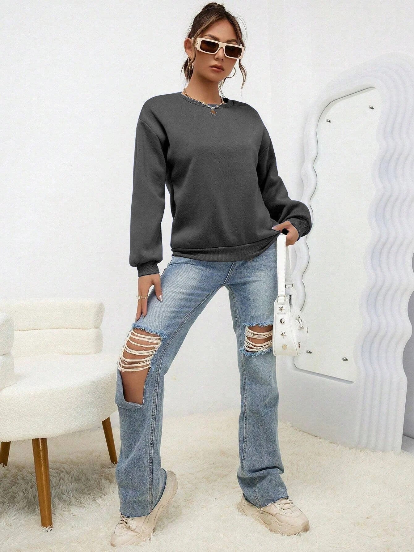 Solid Color Casual Sweatshirt - Loose Fitting - threadspired