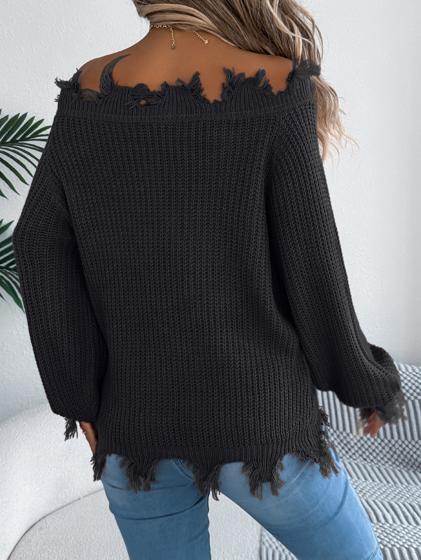 Hollow Out Long Sleeve Distressed Off-Shoulder Pullover Sweater - threadspired