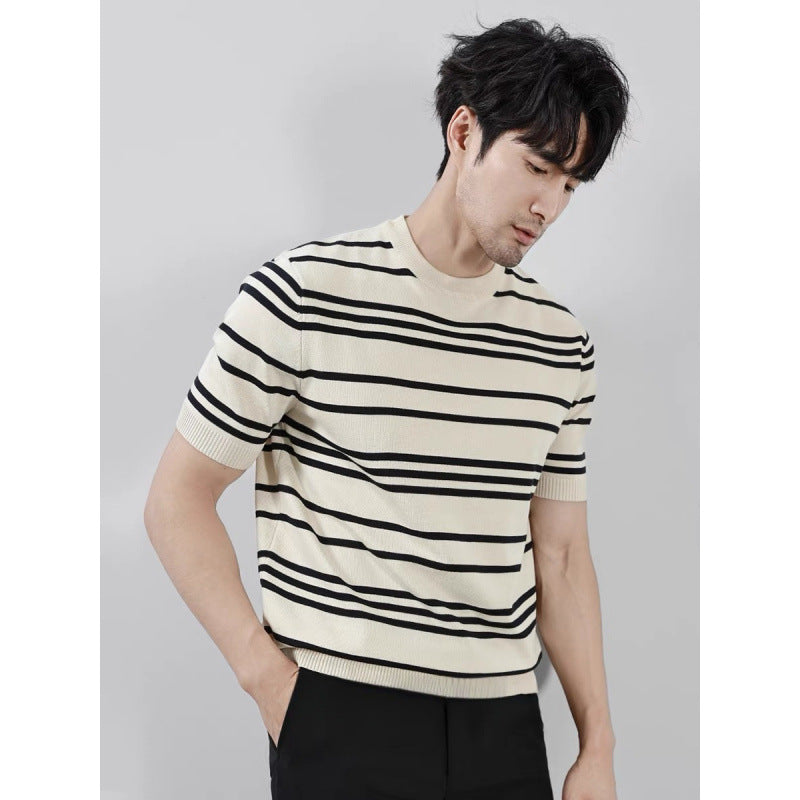 Knitted Short Sleeve with Black And White Stripes - threadspired