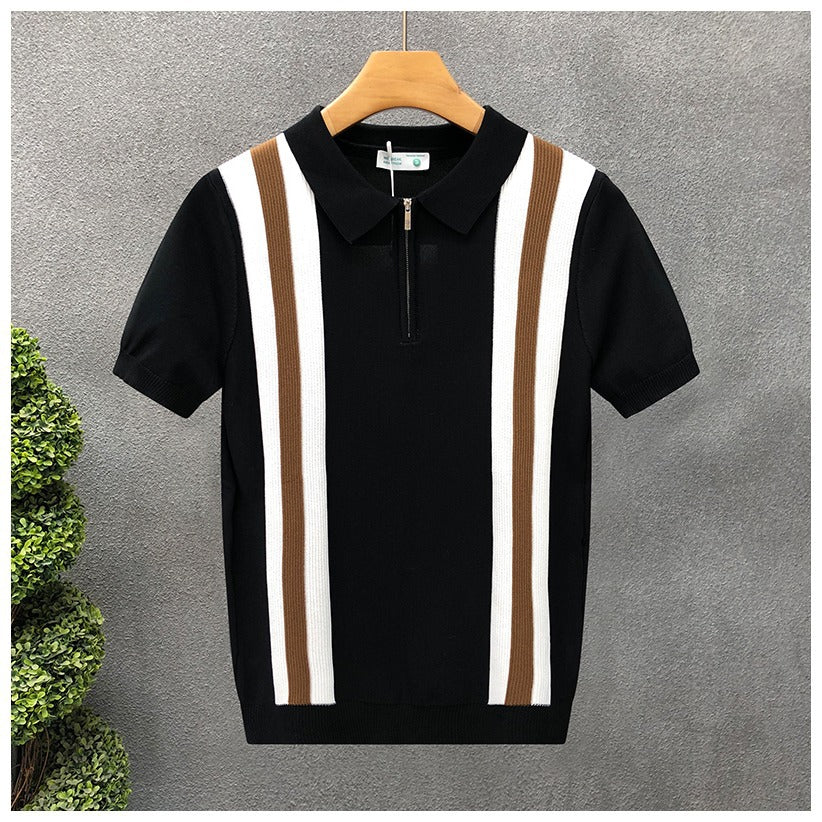 Lapels Half Zipper Knitted Half Sleeve T-shirt - threadspired