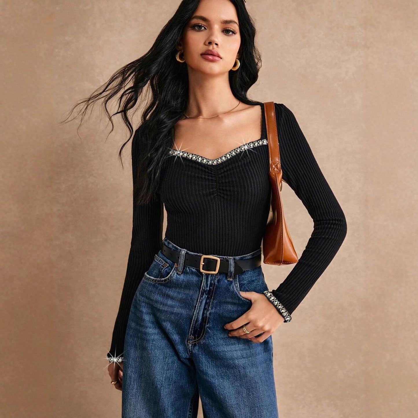 Rhinestone Embellished Slim-fit Long-sleeve Top - threadspired