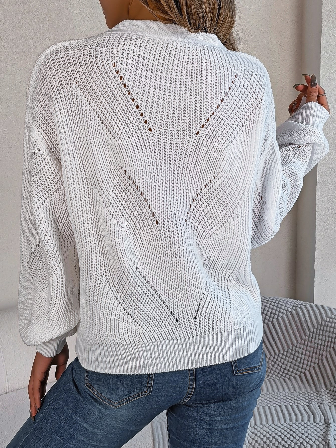 Hollow Out V-Neck Lantern Sleeve Pullover Sweater