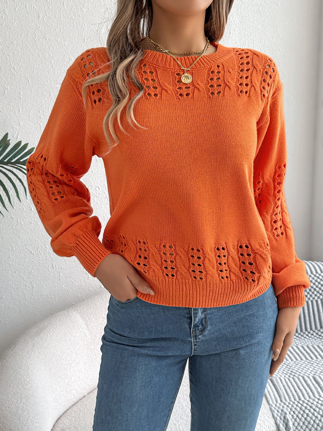 Hollow Out Lantern Sleeve Pullover Sweater