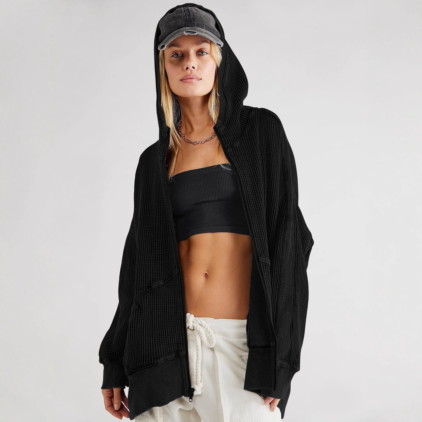 Waffle-knit Hooded Cardigan With Zipper - threadspired
