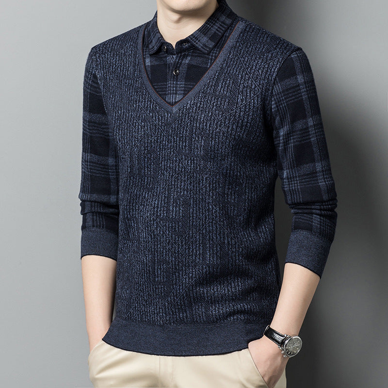 Men’s navy V-neck knit sweater with faux plaid collar and sleeve detail. 