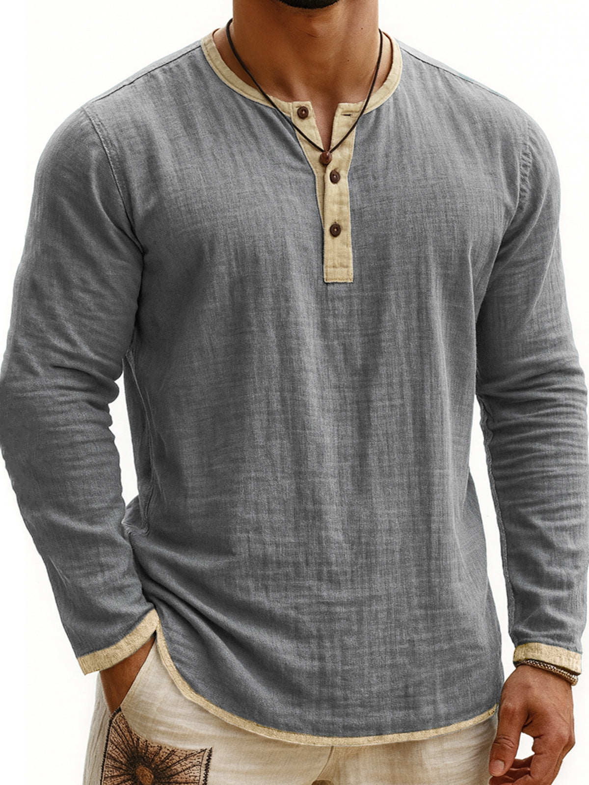 Two-tone Henley 3-button Casual Long Sleeve Top - threadspired