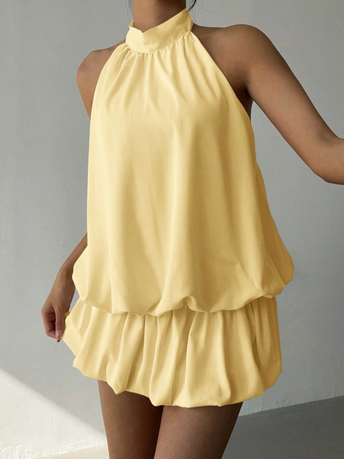 Solid Color Halter Neck Off-Shoulder Dress