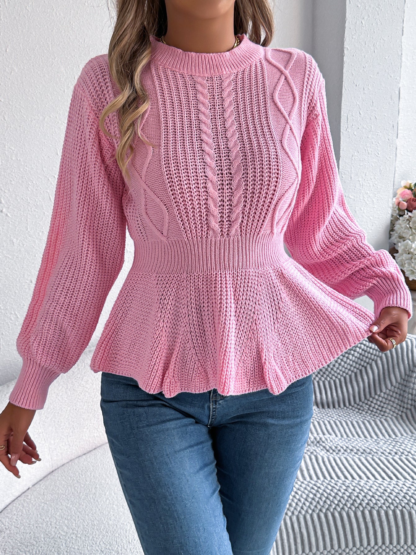Cable Knit Cinched Waist Ruffled Long Sleeve Pullover Sweater