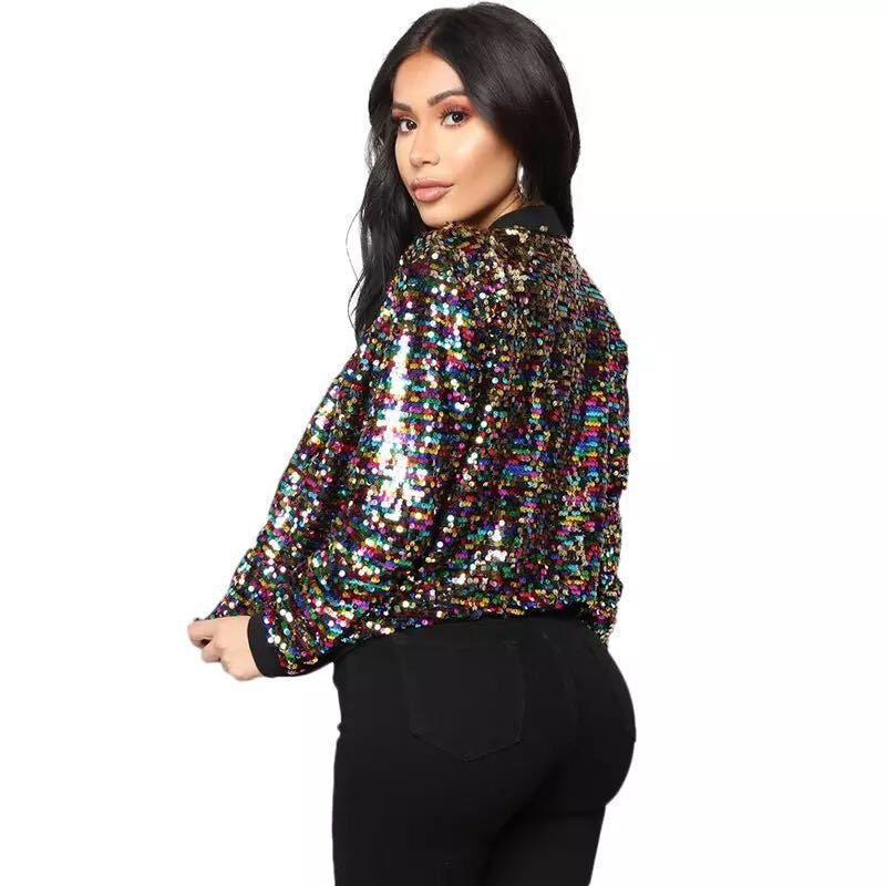 Sequins Zipper Long Sleeve Jacket - threadspired
