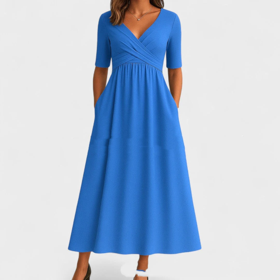 Short Sleeve V-neck Solid Color Dress