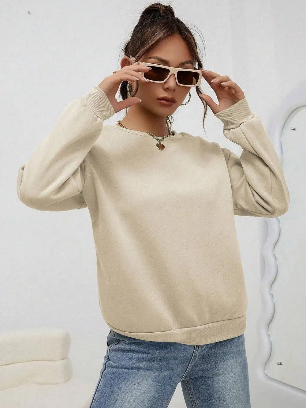 Solid Color Casual Sweatshirt - Loose Fitting - threadspired